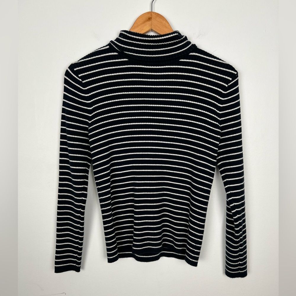 a.n.a navy and white striped minimalist capsule cotton Fitted Turtleneck Sweater